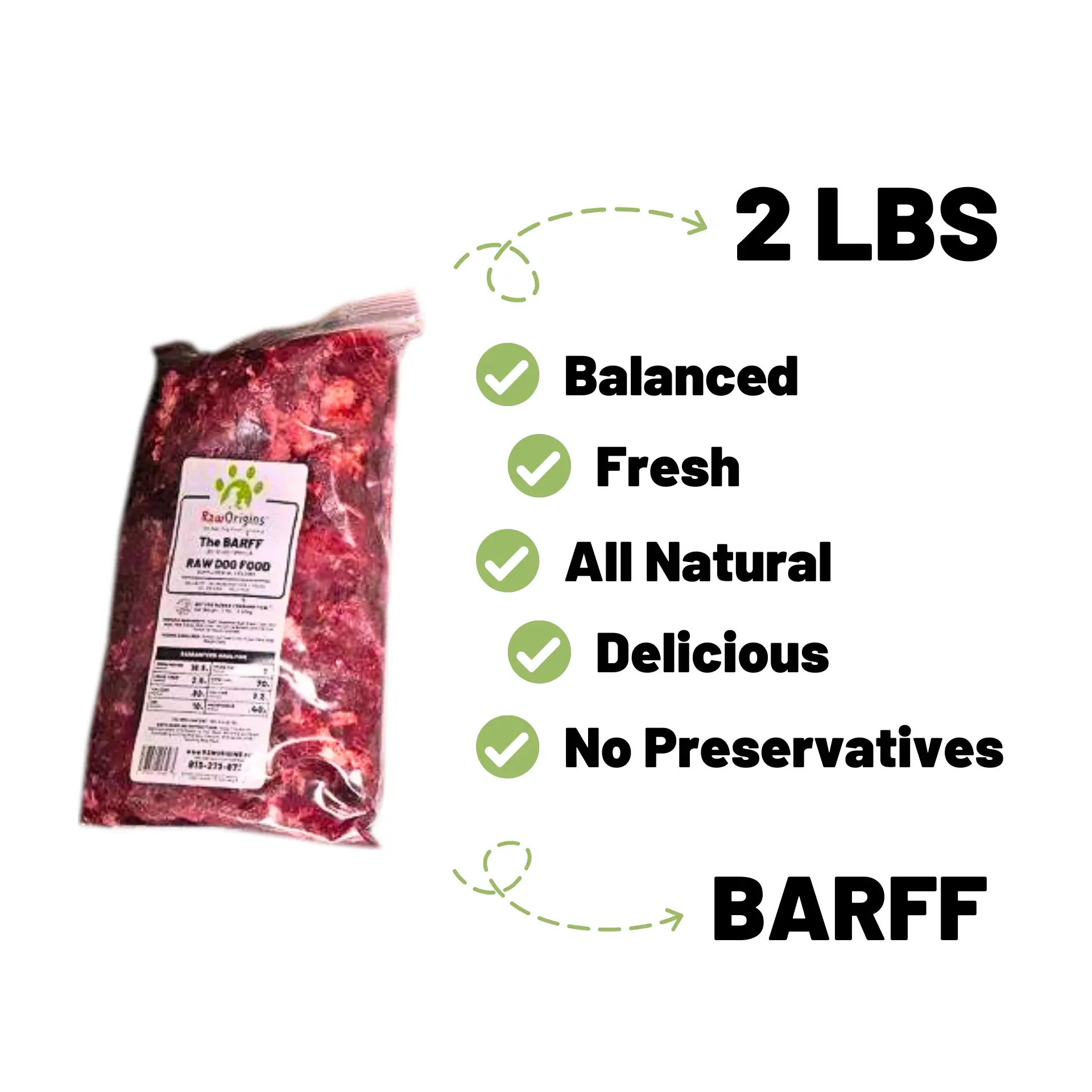 RAW ORIGINS - BARFF - PREY MODEL RAW 80/10/10 BEEF - ONE 2LBS PACK         